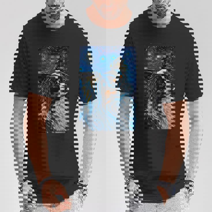 星月夜のパピヨン 絵画 犬 お母さん お父さん Tシャツ 面白い贈り物