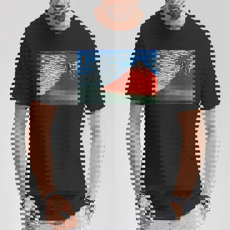 晴天の赤富士山 日本風景アートプリント Tシャツ 面白い贈り物