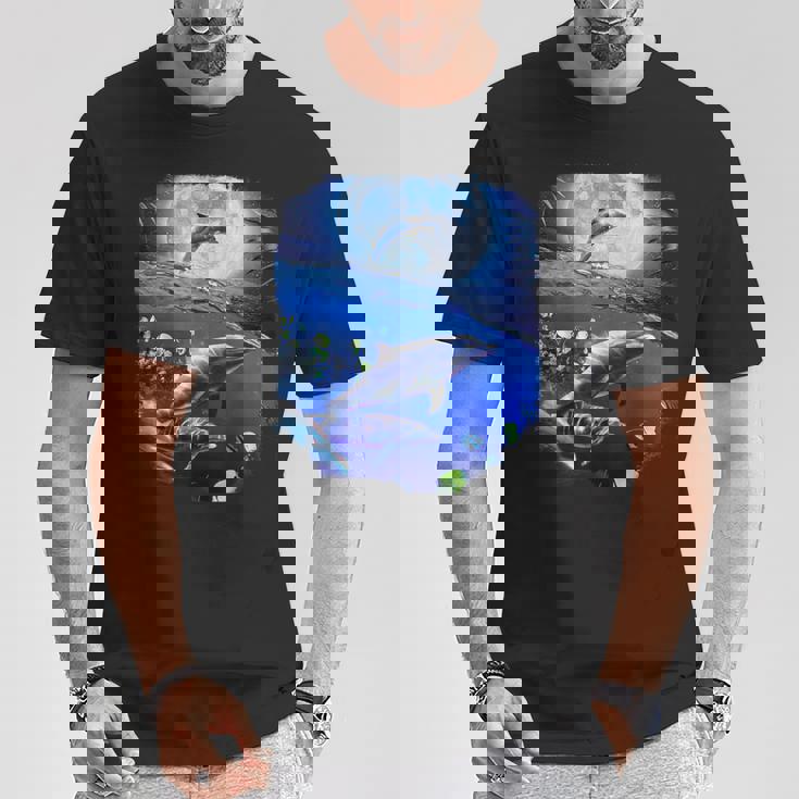 月 イルカ 宇宙 イルカ Tシャツ 面白い贈り物