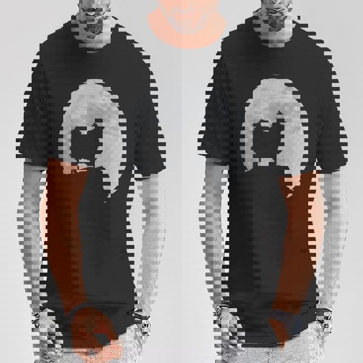 月と犬のシルエット ポンポメラニアン Tシャツ 面白い贈り物