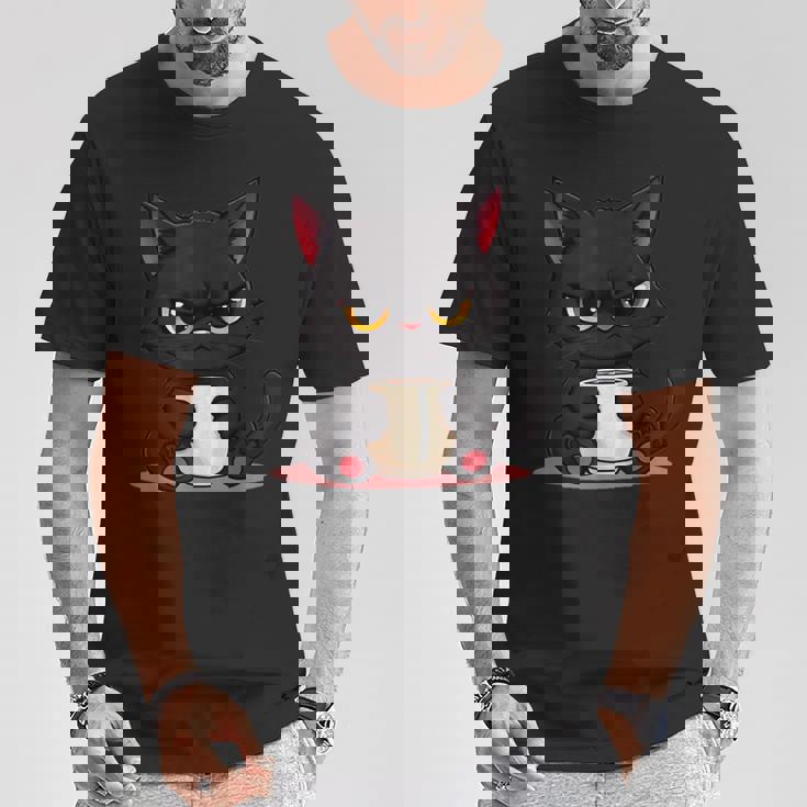 朝が嫌いなコーヒーと可愛い黒猫 Tシャツ 面白い贈り物