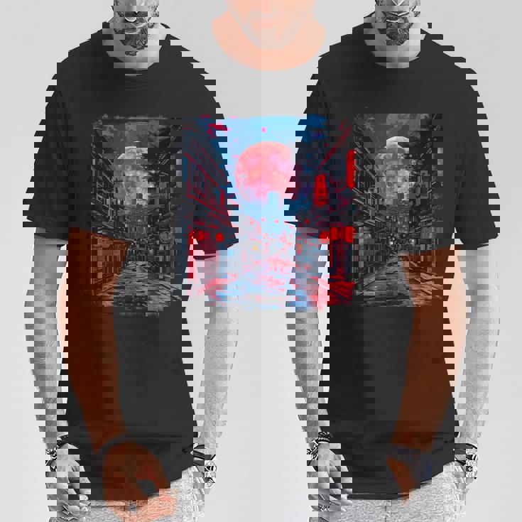 東京の街並み 日本の夜景 ライト付き ヴェイパーウェーブ Tシャツ 面白い贈り物