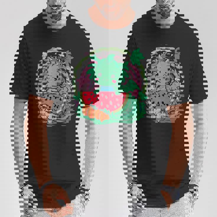 桃とスイカの漫画かわいいドラゴン Tシャツ 面白い贈り物