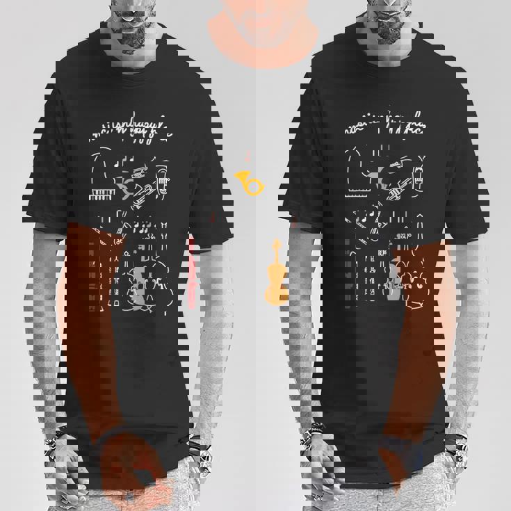楽器 音楽 ピアノ 管楽器 木管楽器 弦楽器 音符 Music Is My Happy Place Tシャツ 面白い贈り物