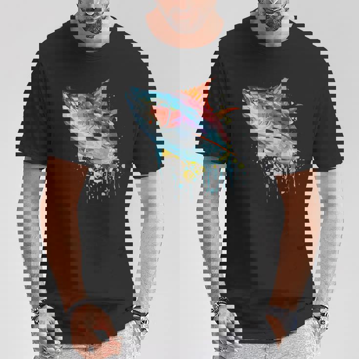 水彩 マグロ 魚 カラフル 海釣り 釣り Tシャツ 面白い贈り物