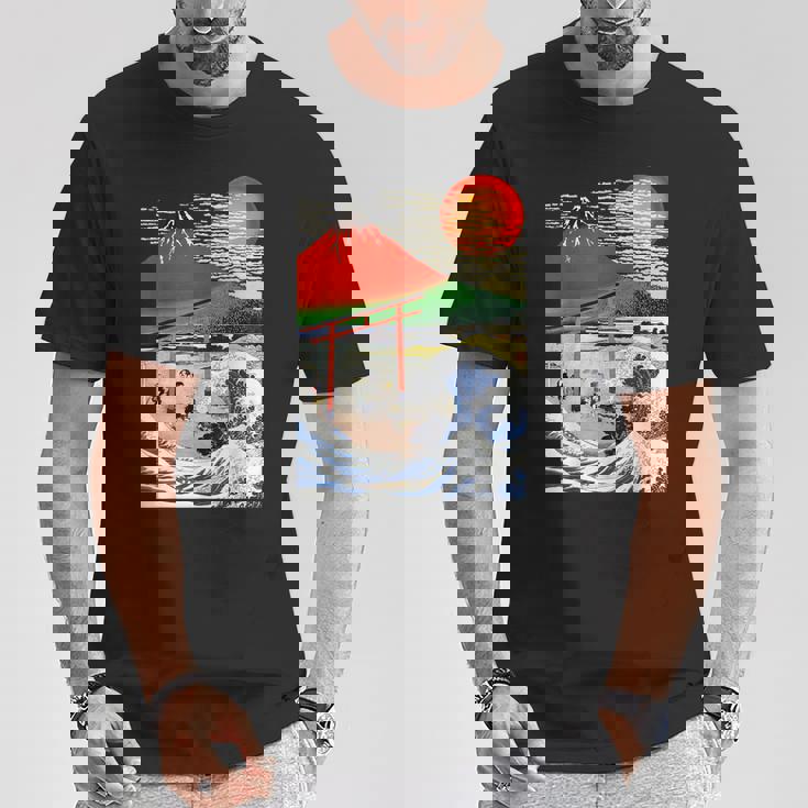 江戸日本 浮世白斎 赤富士山・津波 Tシャツ 面白い贈り物