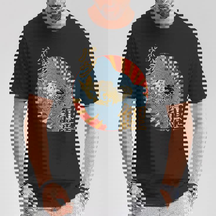 波を介して鯉に乗るパグ日本のヴィンテージ画 Tシャツ 面白い贈り物