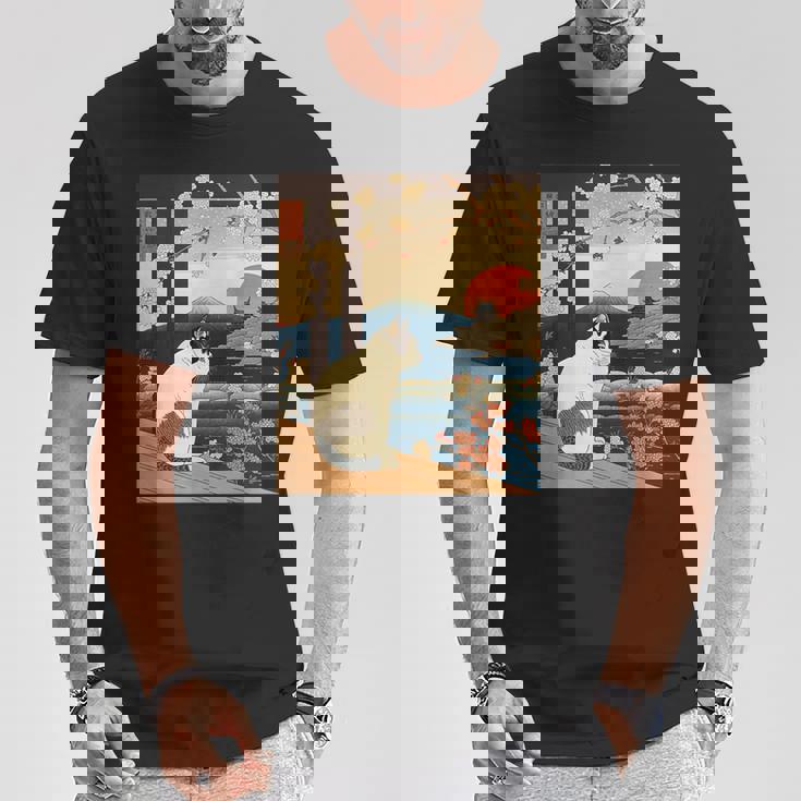 浮世絵 アート 神奈川 ヴィンテージ 日本のタトゥーアート 猫 グラフィック Tシャツ 面白い贈り物