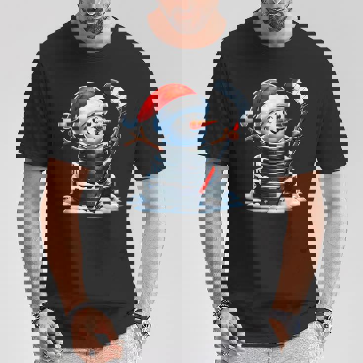 漫画 アイスホッケーパック 雪だるま サンタ帽子付き クリスマス Tシャツ 面白い贈り物