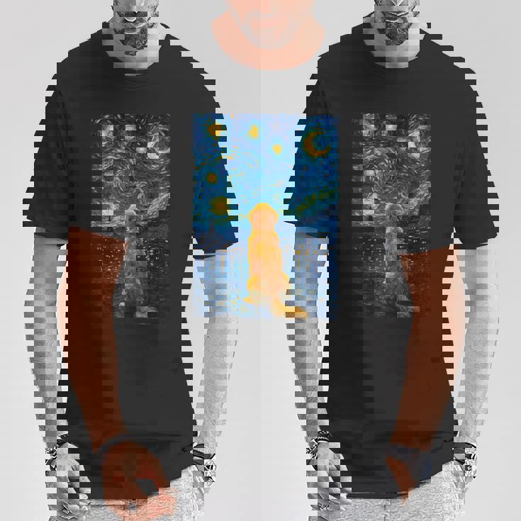 犬 天体観測 ゴッホ 夜空 ゴールデンレトリバー ラブラドール Tシャツ 面白い贈り物