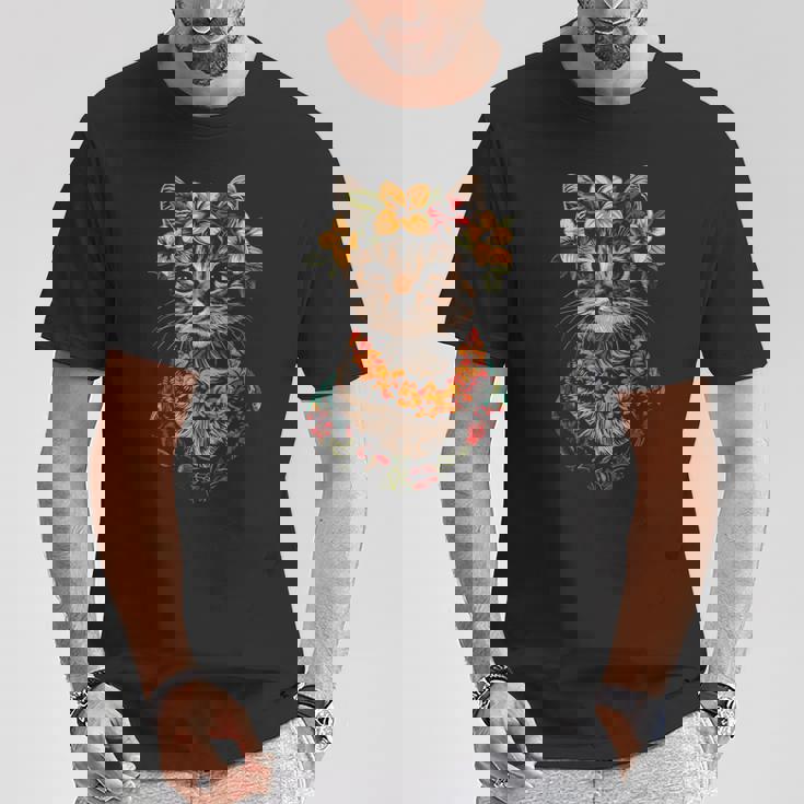 猫 ハワイアン 花 フラ ハイビスカス 面白い かわいい ハワイ Tシャツ 面白い贈り物