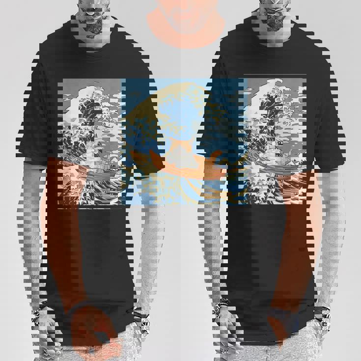 猫 葛飾北斎 神奈川沖浪裏 ネタ 冗談 ギャグ かわいい Tシャツ 面白い贈り物