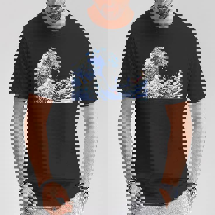 猫がサーフィンをする神奈川の大波 面白い猫の波 かわいい猫、猫好き、かわいい猫 Tシャツ 面白い贈り物