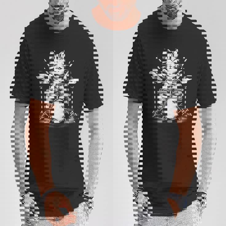 猫がドラムを弾く 面白いロックミュージックドラム 猫 Tシャツ 面白い贈り物