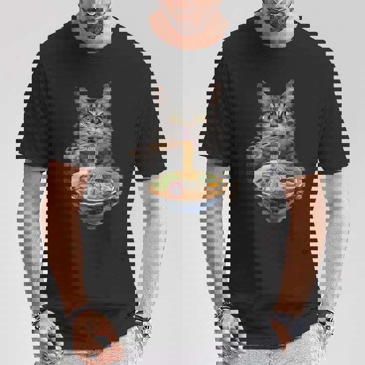 猫がラーメンを食べる リアル Tシャツ 面白い贈り物