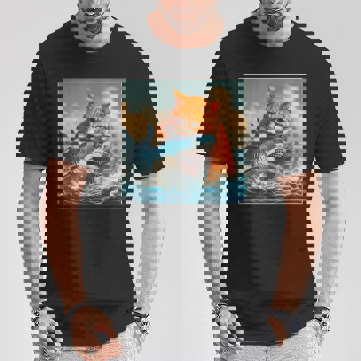 猫のサメ、面白い猫がサメを噛むサメ、サメと猫 Tシャツ 面白い贈り物