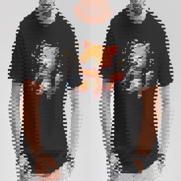 猫好きのためのかわいい猫のデザイン 猫がクラリネットを弾く Tシャツ 面白い贈り物