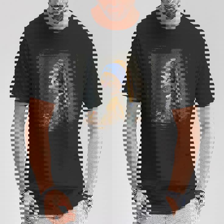 真珠のイヤリングを持つ少女 猫 パロディアート 面白い ヤン・フェルメール Tシャツ 面白い贈り物