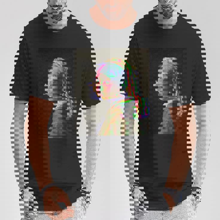 真珠の耳飾りの少女ヨハネスフェルメールグリッチ絵画 Girl With A Pearl Earringermeer Tシャツ 面白い贈り物