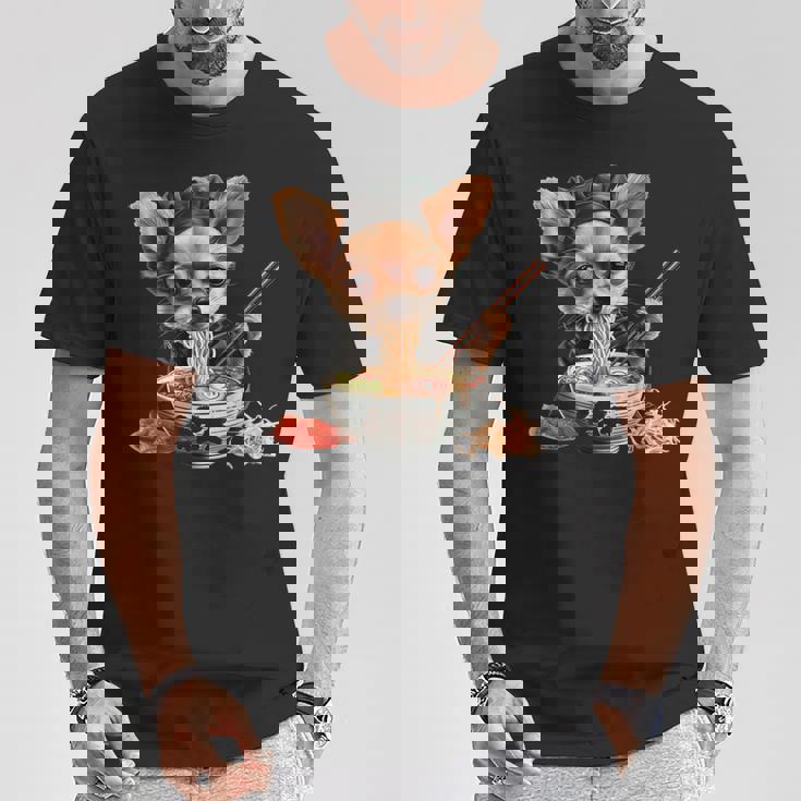 空手犬のチワワがラーメンを食べる、日本、面白いラーメン Tシャツ 面白い贈り物