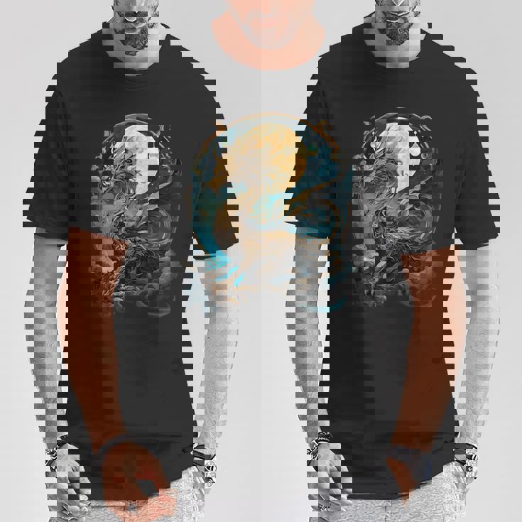 美しいルナゴールドドラゴン フローラルアートノボー Tシャツ 面白い贈り物