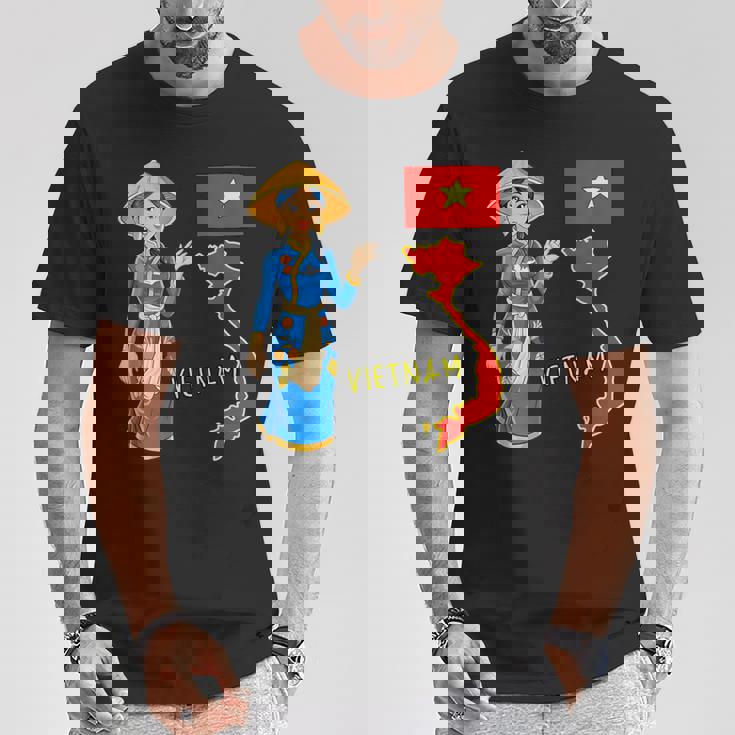 美しい笑顔のベトナムの女の子、旗とベトナムの地図 Tシャツ 面白い贈り物