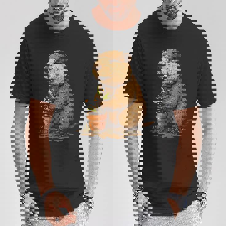 自然からインスピレーションを得た衣装愛好家のための鉢植え付き楽しいビーバー Tシャツ 面白い贈り物