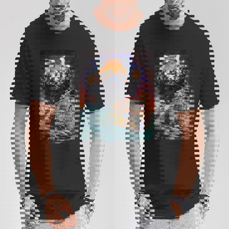 船を襲う レッサーパンダ 海 雷 嵐 Tシャツ 面白い贈り物