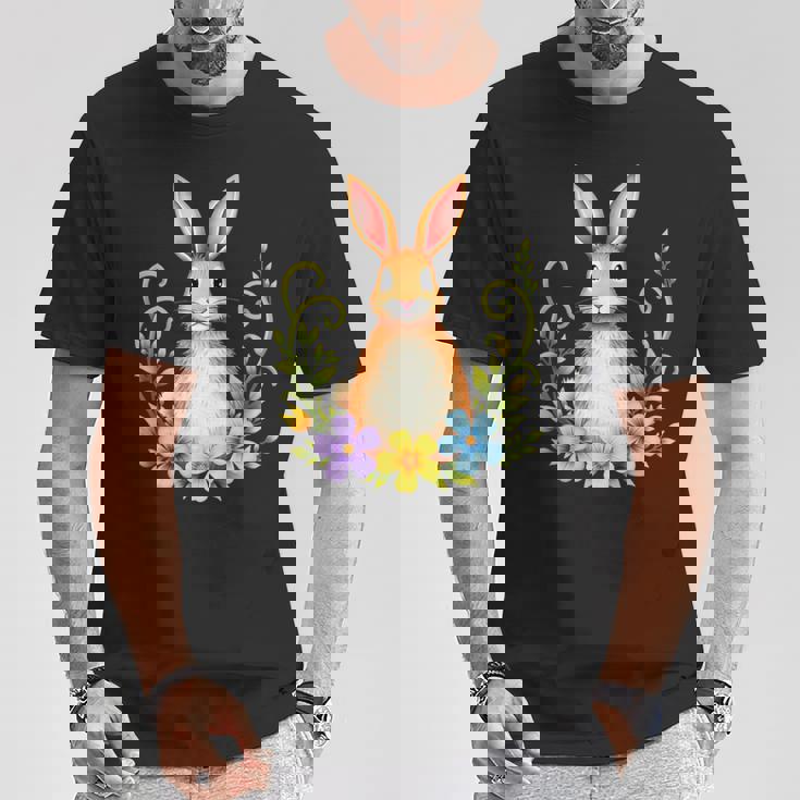 花と葉を持つ愛らしいウサギ 自然デザイン Tシャツ 面白い贈り物