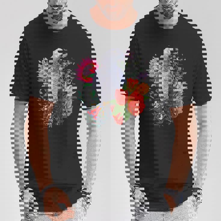 花と蝶とヨウム Tシャツ 面白い贈り物