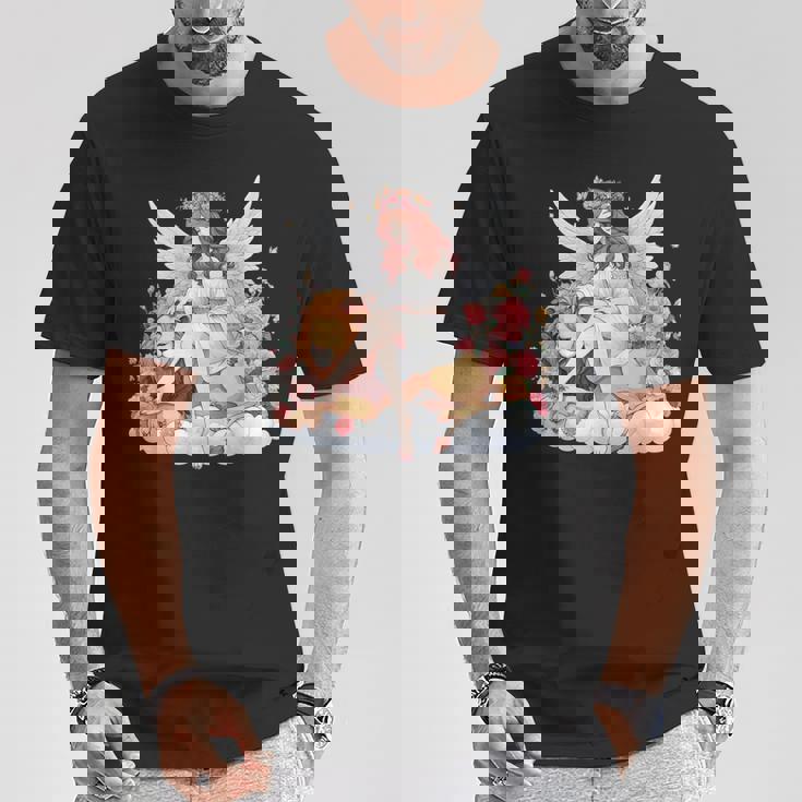 花に囲まれたライオンの天使 美しい天使 Tシャツ 面白い贈り物