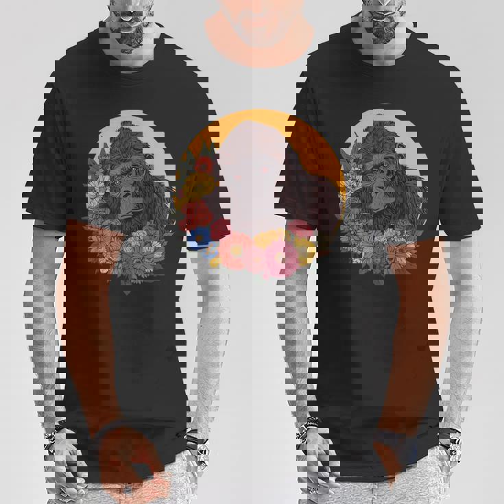 花のイラストとゴリラ Tシャツ 面白い贈り物