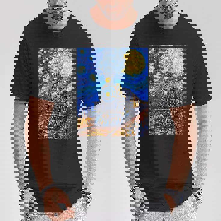 蒸気機関 蒸気機関車 ヴィンテージ ゴッホ 機関車 列車 Tシャツ 面白い贈り物