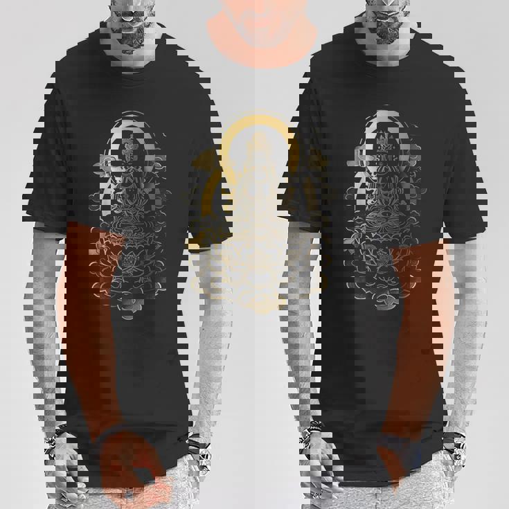 蓮の雲に座っている穏やかな仏陀 スピリチュアルマインドフルネス Tシャツ 面白い贈り物