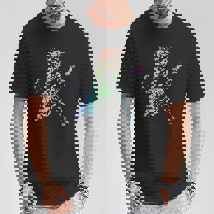 虹色グラデーションの猫のギターデザイン Tシャツ 面白い贈り物