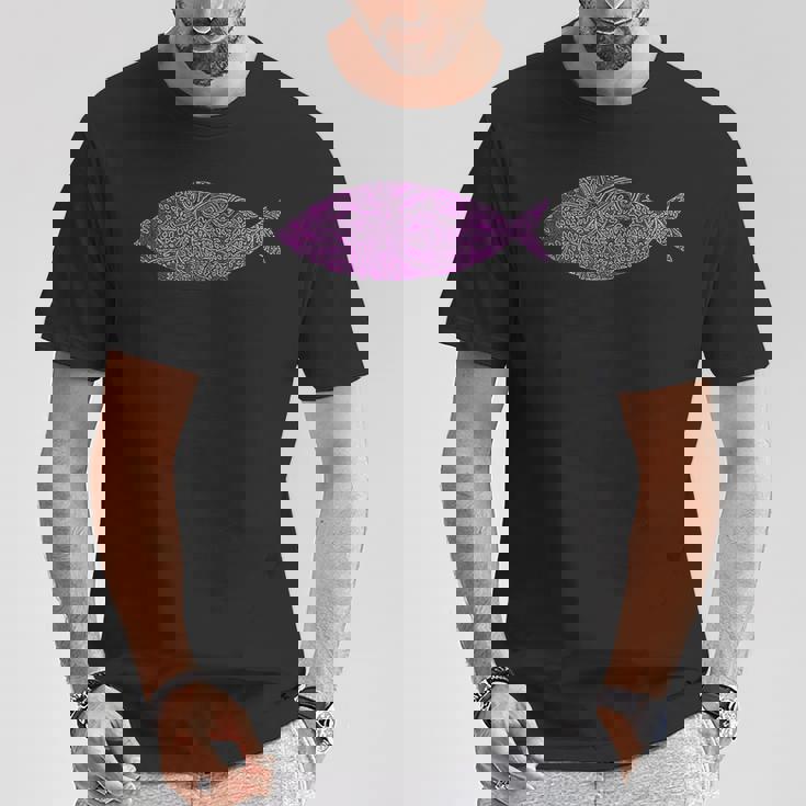 複雑なピンクの魚のイラスト 葉の付いた芸術的なデザイン Tシャツ 面白い贈り物