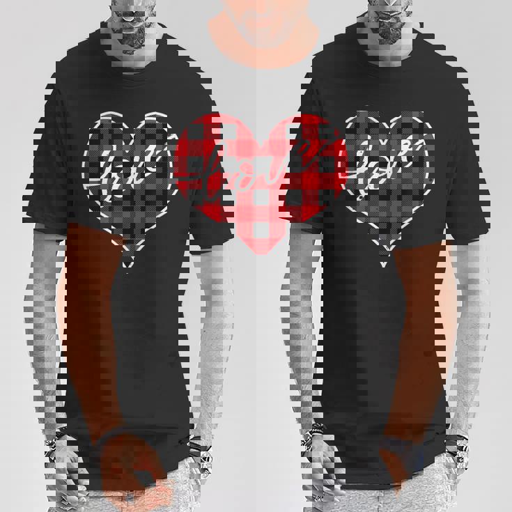 赤黒チェックハート「Love」 Tシャツ 面白い贈り物
