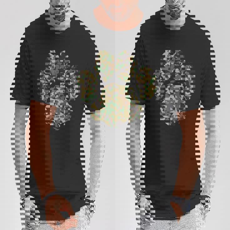 迷彩犬の足跡プリント アーミー犬 父親 Tシャツ 面白い贈り物