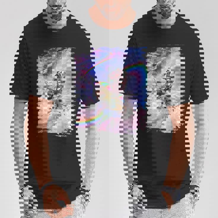 銀河 宇宙飛行士 猫 乗馬 虹 シャーク Tシャツ 面白い贈り物