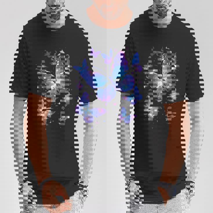 青と紫の模様の蝶たち 昆虫プリント Tシャツ 面白い贈り物