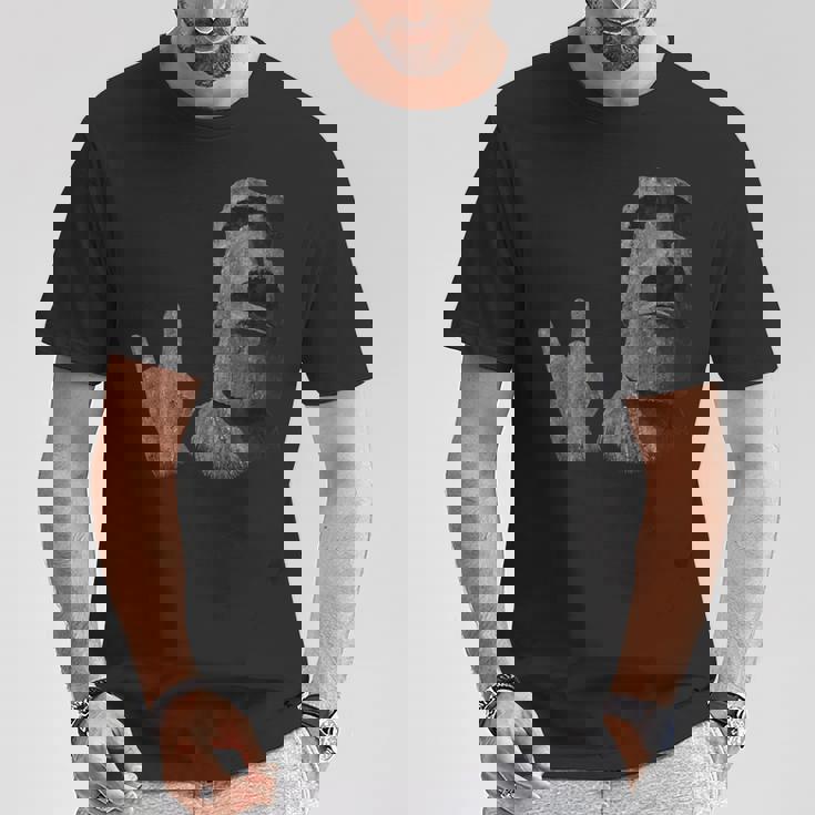 面白いイースター島のモアイ像のロッカーign Of The Horns Tシャツ 面白い贈り物