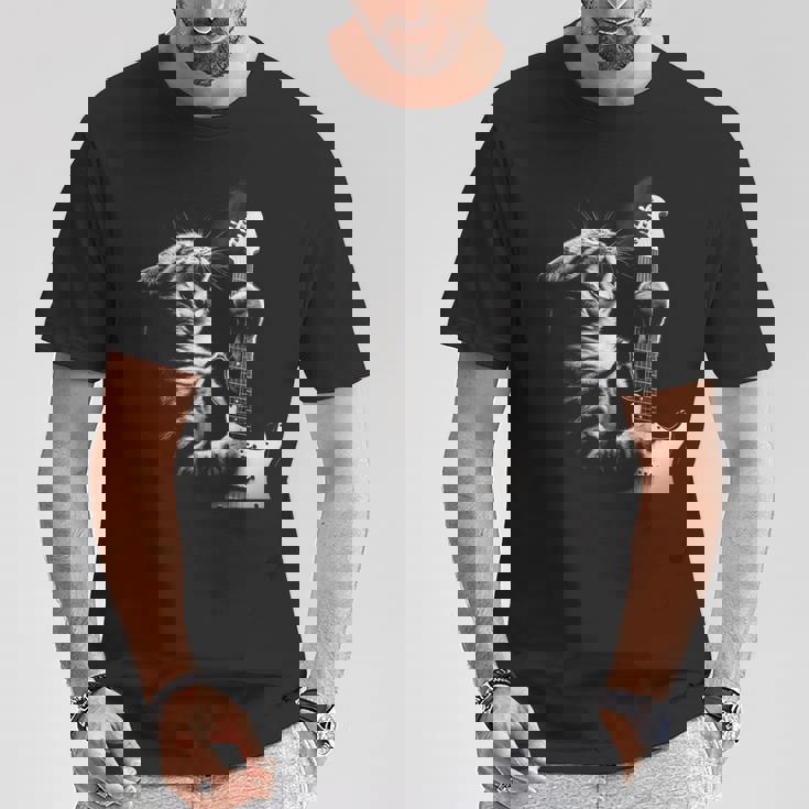 面白いギター 猫 ギターを弾く Tシャツ 面白い贈り物