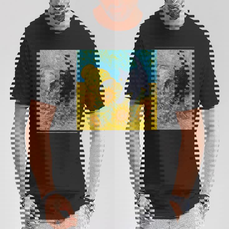 面白いゴッホのひまわり、猫のミーム、黒猫のアート。 Tシャツ 面白い贈り物
