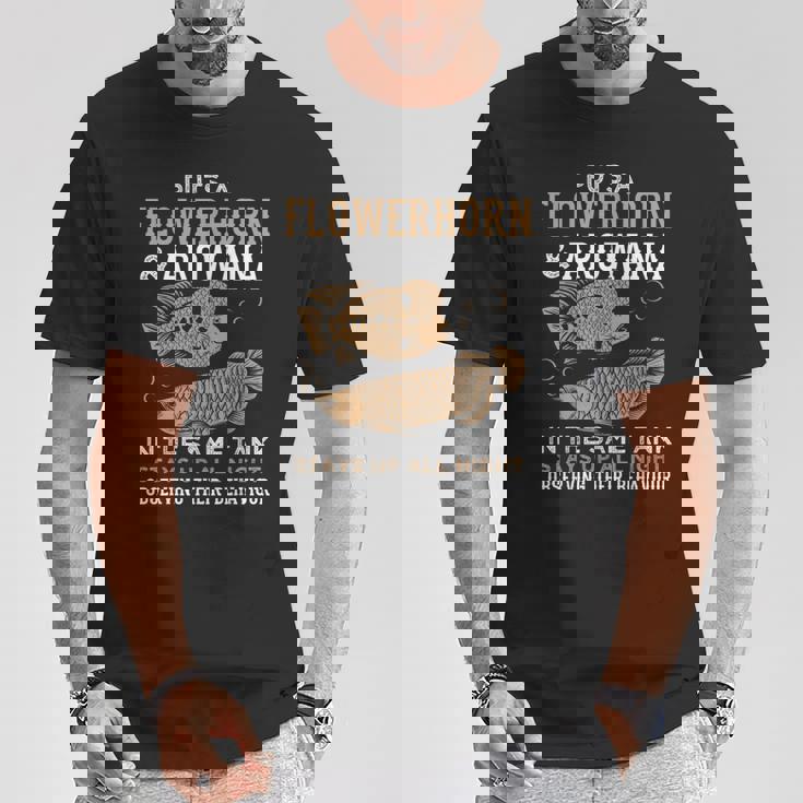 面白いフラワーホーンとアロワナのデザイン 魚族館 Tシャツ 面白い贈り物