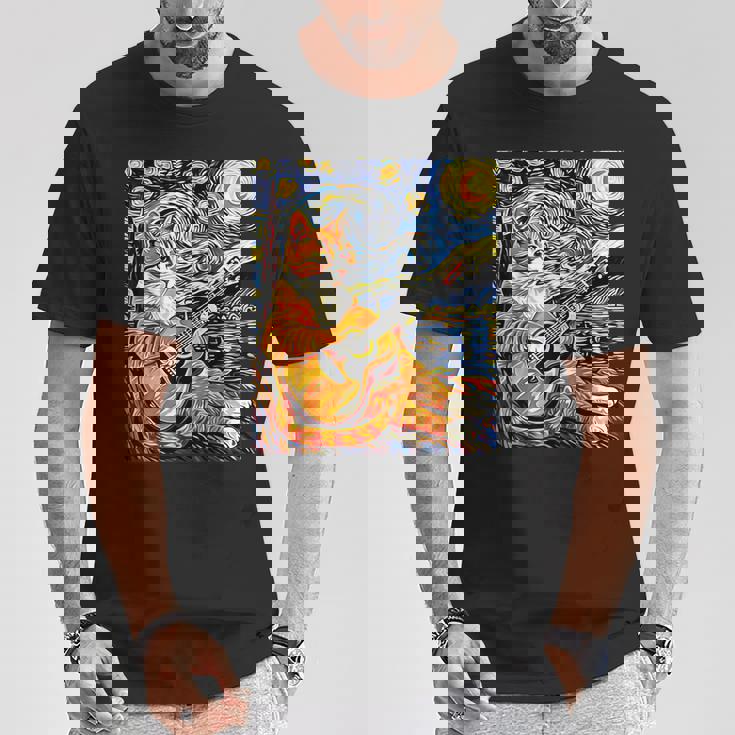 面白いレトロなデザインの猫がギターを弾く 星月夜 Tシャツ 面白い贈り物