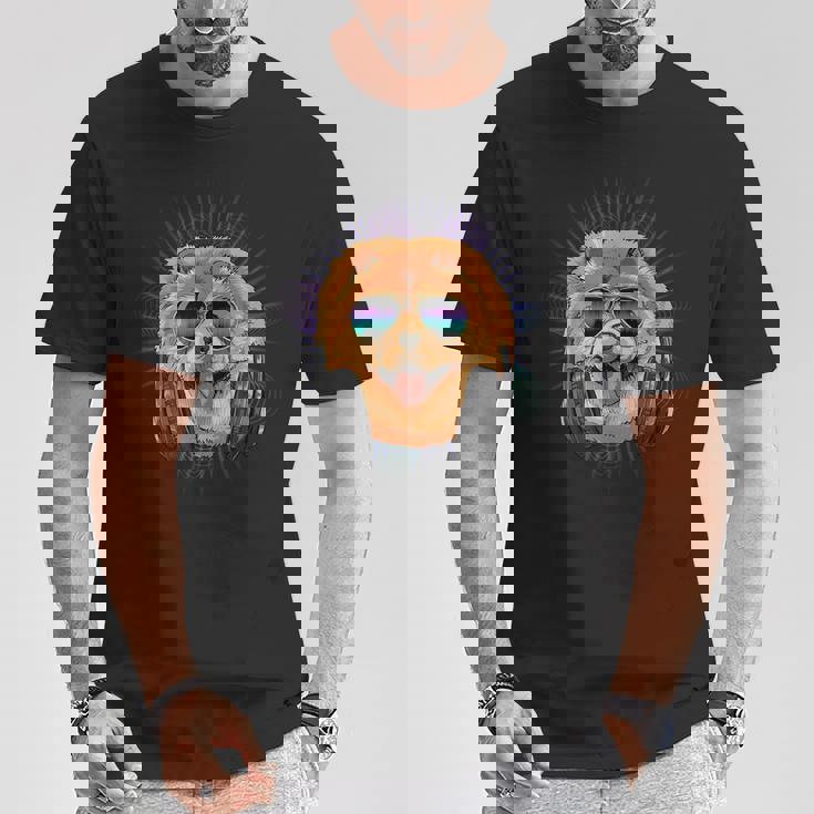 音楽チャウチャウdjヘッドフォン付き 音楽犬愛好家 Tシャツ 面白い贈り物