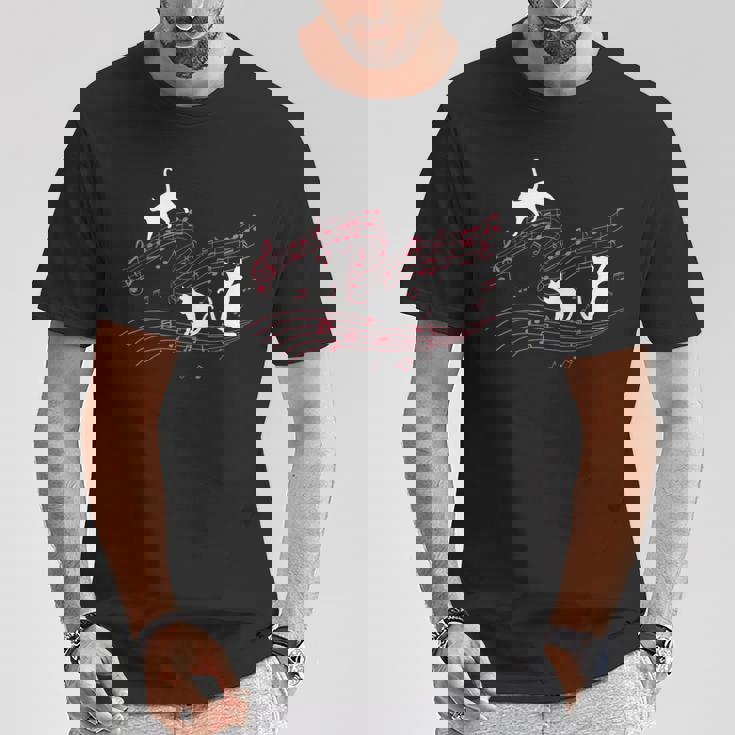 音符で遊ぶ3匹の猫 楽譜 Tシャツ 面白い贈り物