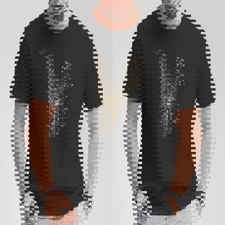 音符サックスプレーヤーとサックスヴィンテージスタイル Tシャツ 面白い贈り物