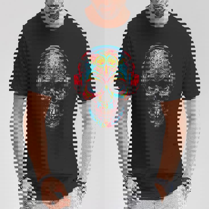 頭蓋骨アート曼荼羅ファンタジーカラフルなヘッドフォンモチーフの頭蓋骨 Tシャツ 面白い贈り物