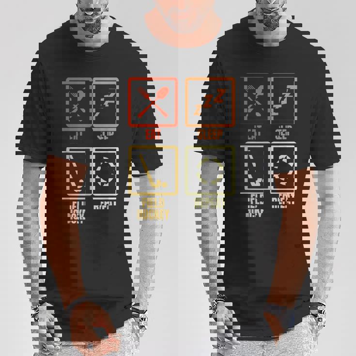 食べる寝るフィールドホッケーの繰り返し Tシャツ 面白い贈り物